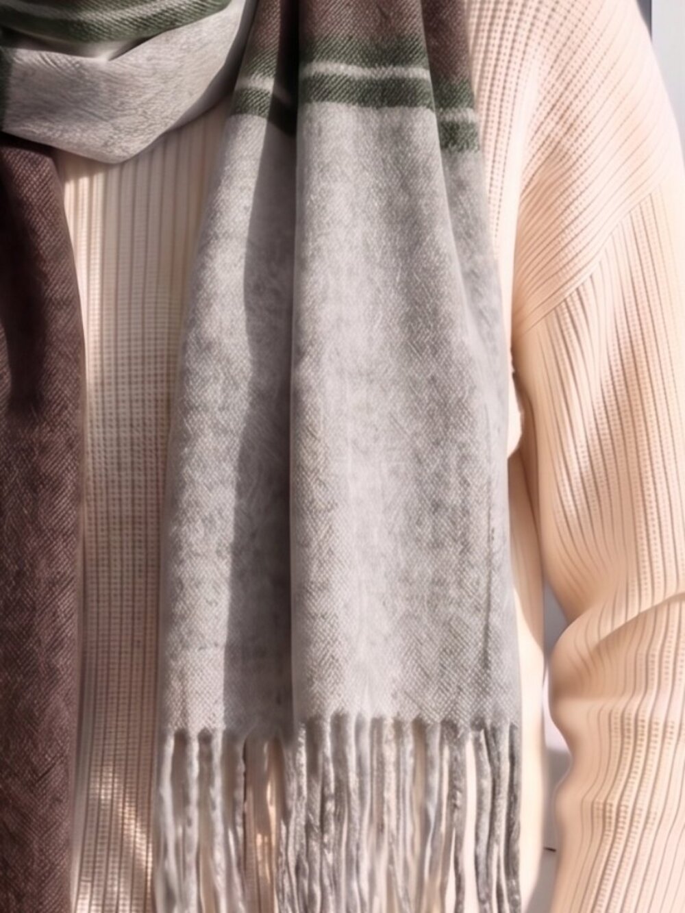 NWT $128 Anthropologie 100% wool scarf 13 x 72 taupe gray on lt. gray deep green